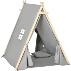 HOMCOM Kinder Tipi Zelt Mit Kissen, Bodenmatte Und Aufbewahrungstasche Grau
