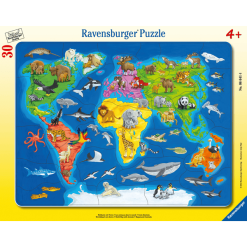 Ravensburger Rahmenpuzzle - Weltkarte Mit Tieren 30 Teile