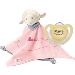Schnullireich Geschenkset Käthe Kruse Schmusetuch Mit Namen Lamm Rosa + NUK Namensschnuller 0-6 Mon. Rosa